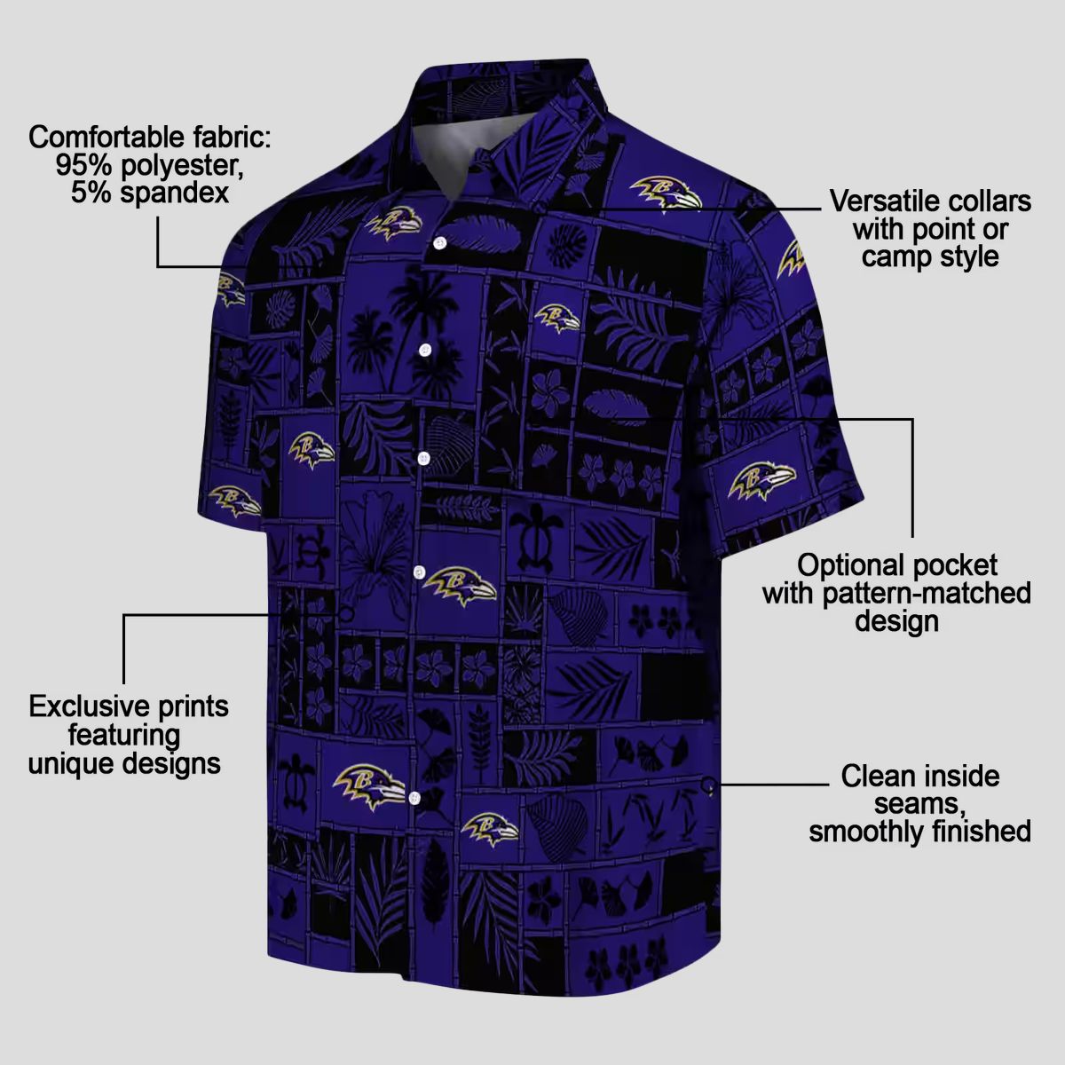 Tropical Patchwork Baltimore Ravens Hawaiian Shirt, Purple Black NFL Fan Apparel