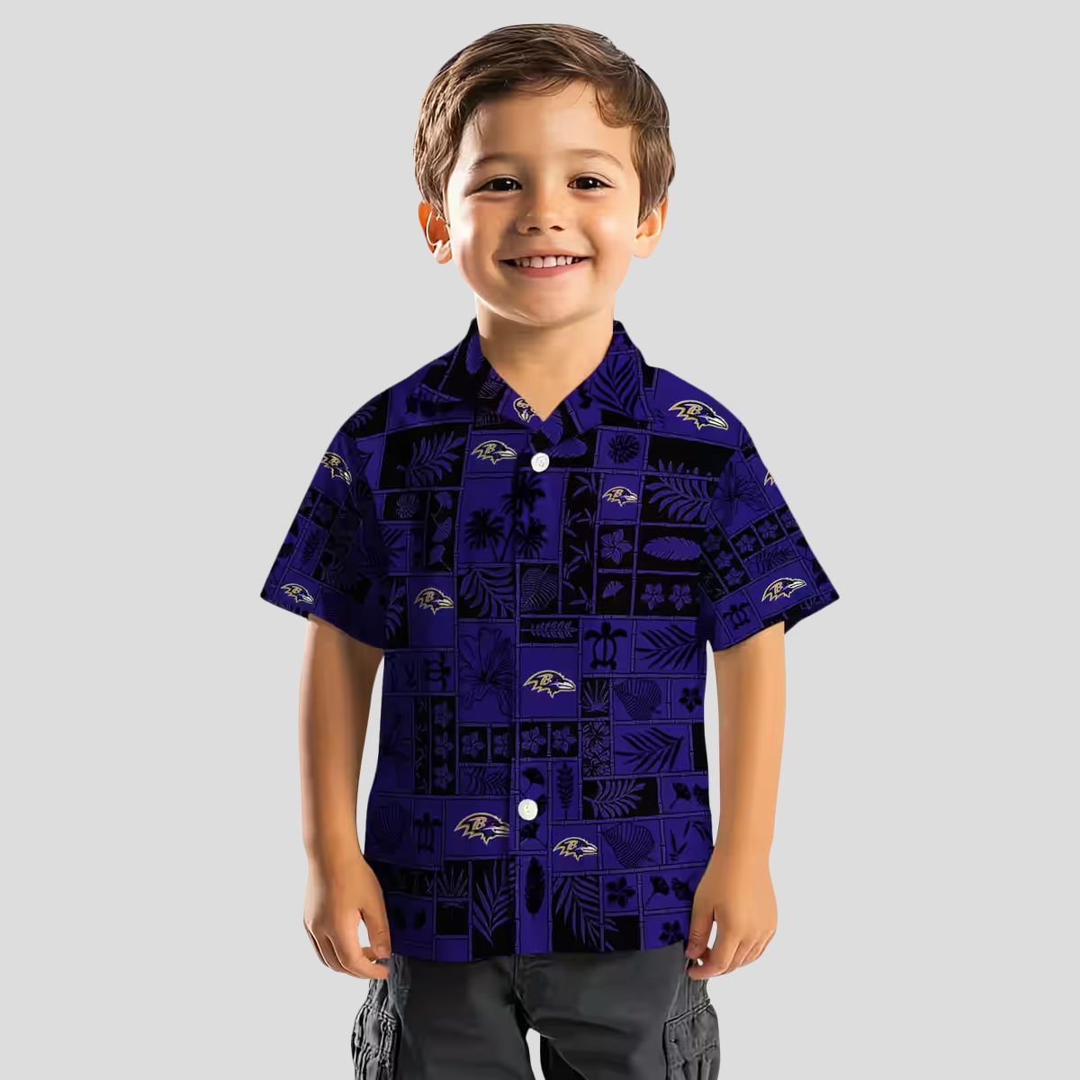 Tropical Patchwork Baltimore Ravens Hawaiian Shirt, Purple Black NFL Fan Apparel