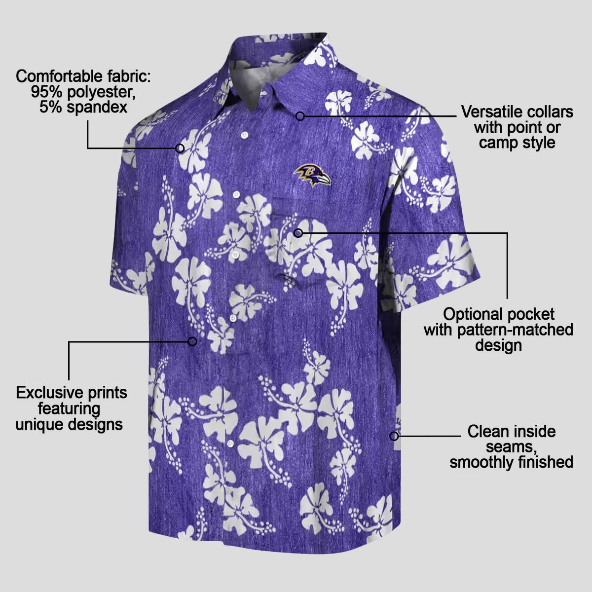 Tropical Ravens Hawaiian Shirt – Hibiscus Clusters Purple Edition