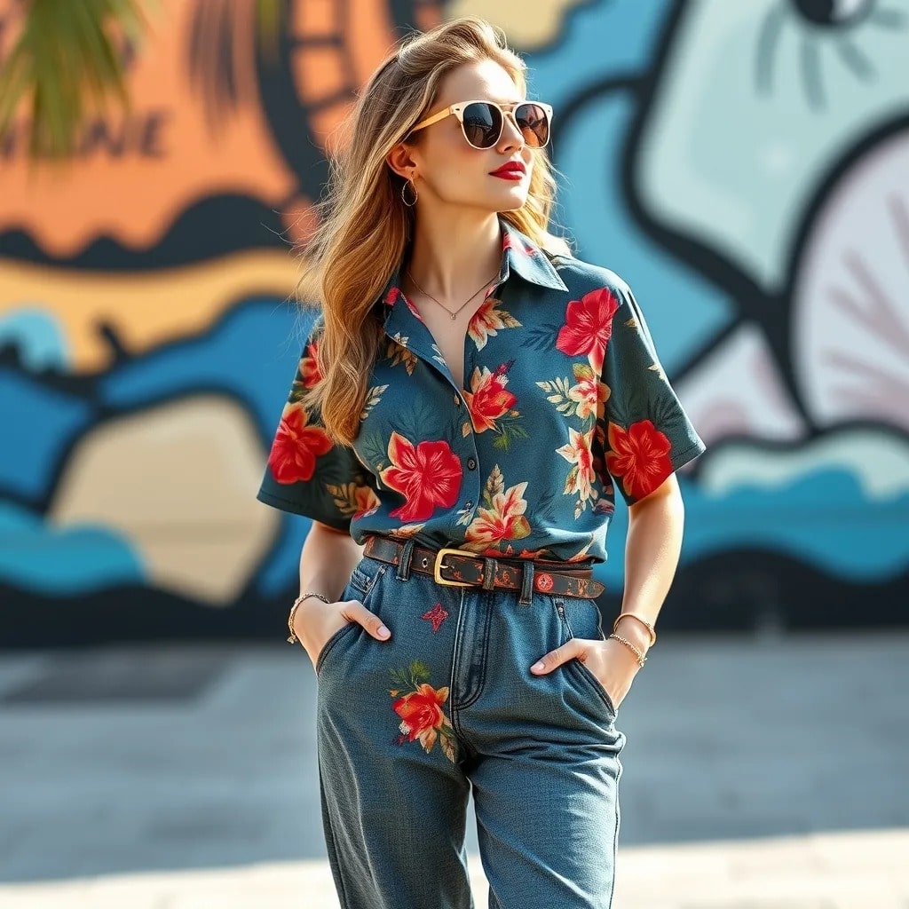 Floral Hawaiian Shirt paired with wide leg straight jeans for a classic vintage look.