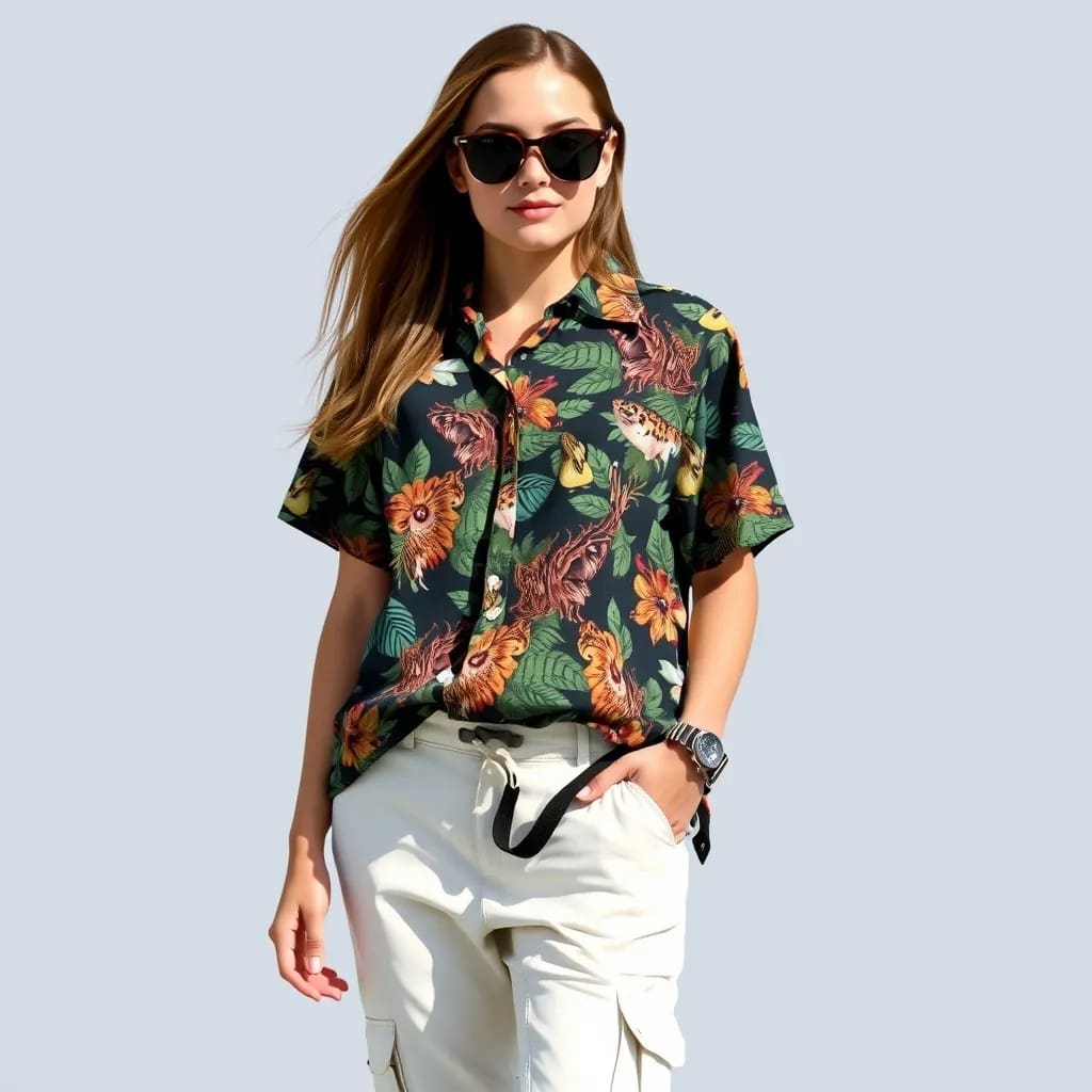 Pairing a Wildlife Print Hawaiian Shirt with joggers creates a fresh and youthful outfit.