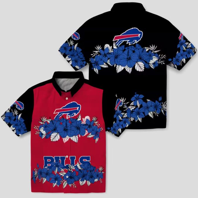 Buffalo Bills Blue Black Hawaiian Shirt, NFL Hibiscus Stripe Game Day Outfit