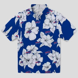 Buffalo Bills Button Up Hawaiian Shirt, Hibiscus Blooms Blue White Aloha Shirt