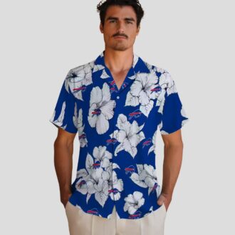 Buffalo Bills Button Up Hawaiian Shirt, Hibiscus Blooms Blue White Aloha Shirt