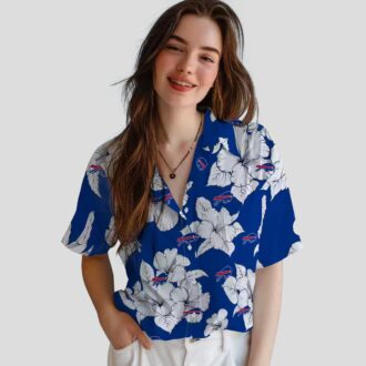 Buffalo Bills Button Up Hawaiian Shirt, Hibiscus Blooms Blue White Aloha Shirt