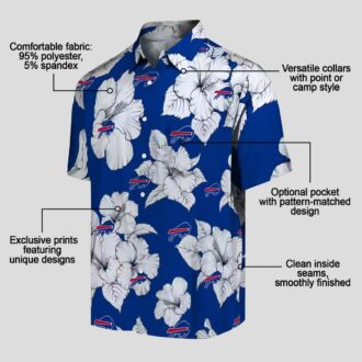 Buffalo Bills Button Up Hawaiian Shirt, Hibiscus Blooms Blue White Aloha Shirt