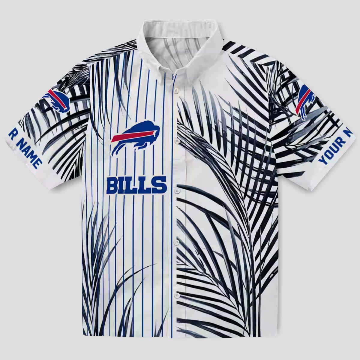 Buffalo Bills Tropical Aloha Hawaiian Shirt, Palm Stripes Blue Black White Button Up