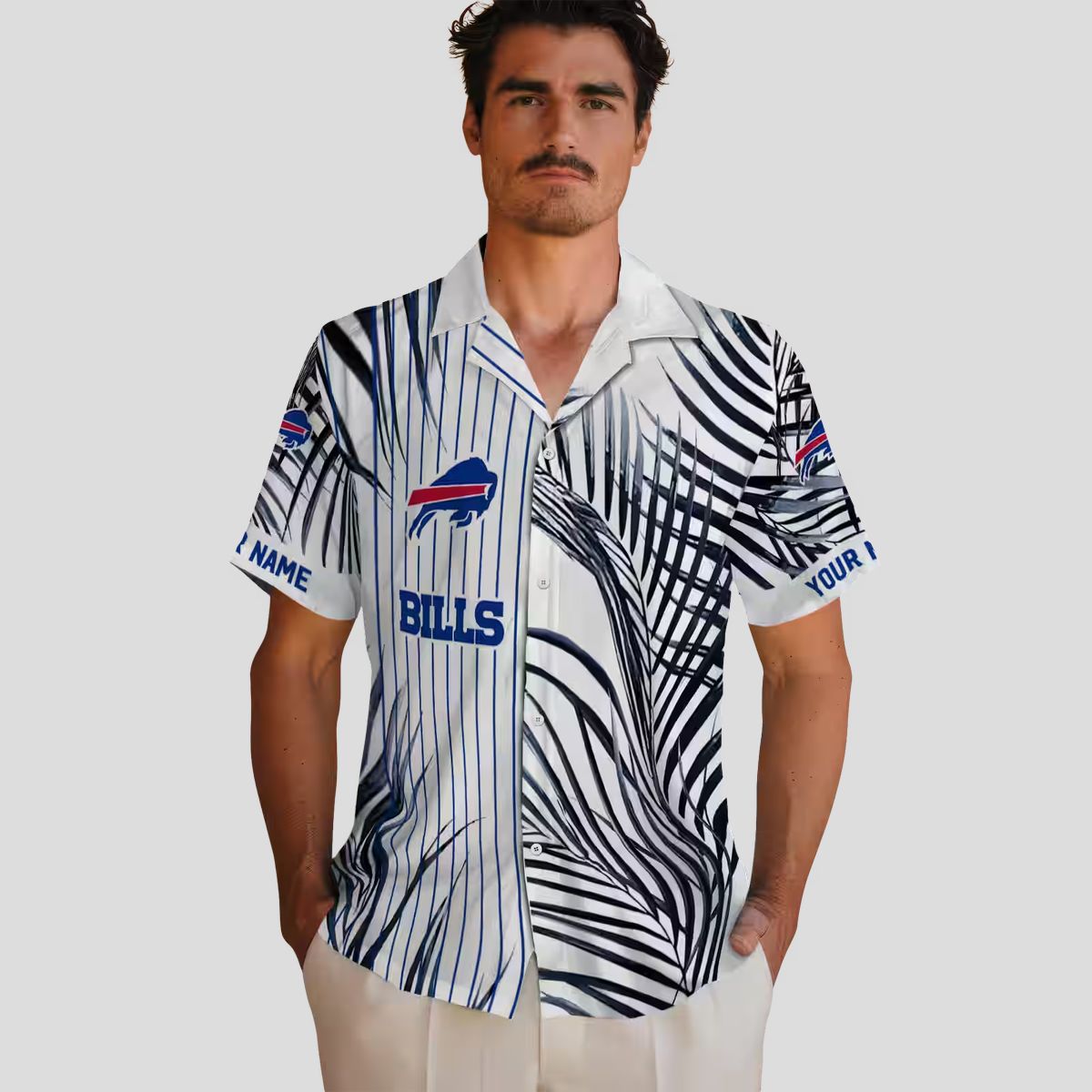 Buffalo Bills Tropical Aloha Hawaiian Shirt, Palm Stripes Blue Black White Button Up