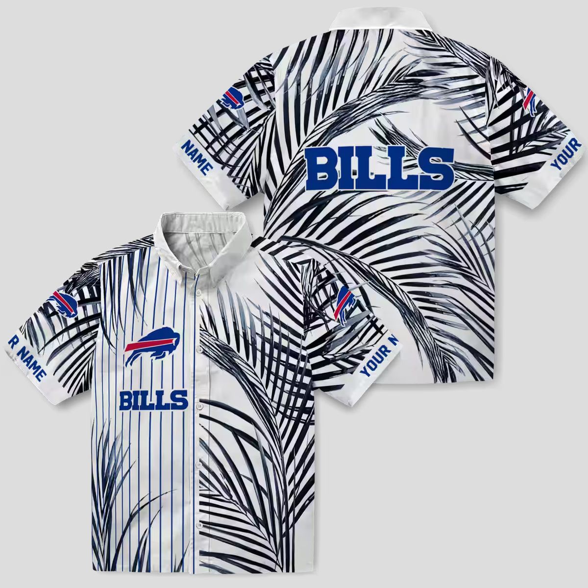 Buffalo Bills Tropical Aloha Hawaiian Shirt, Palm Stripes Blue Black White Button Up