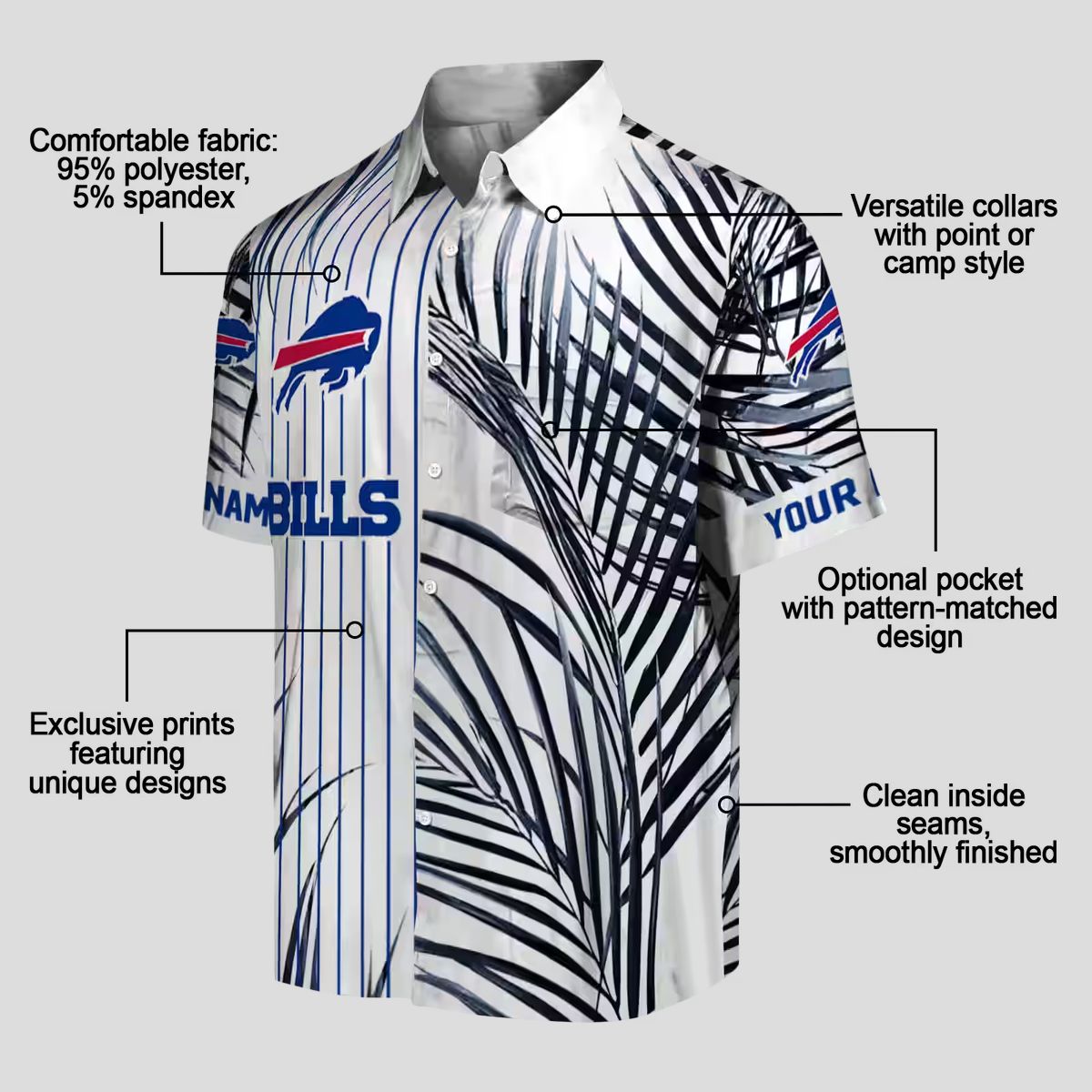 Buffalo Bills Tropical Aloha Hawaiian Shirt, Palm Stripes Blue Black White Button Up