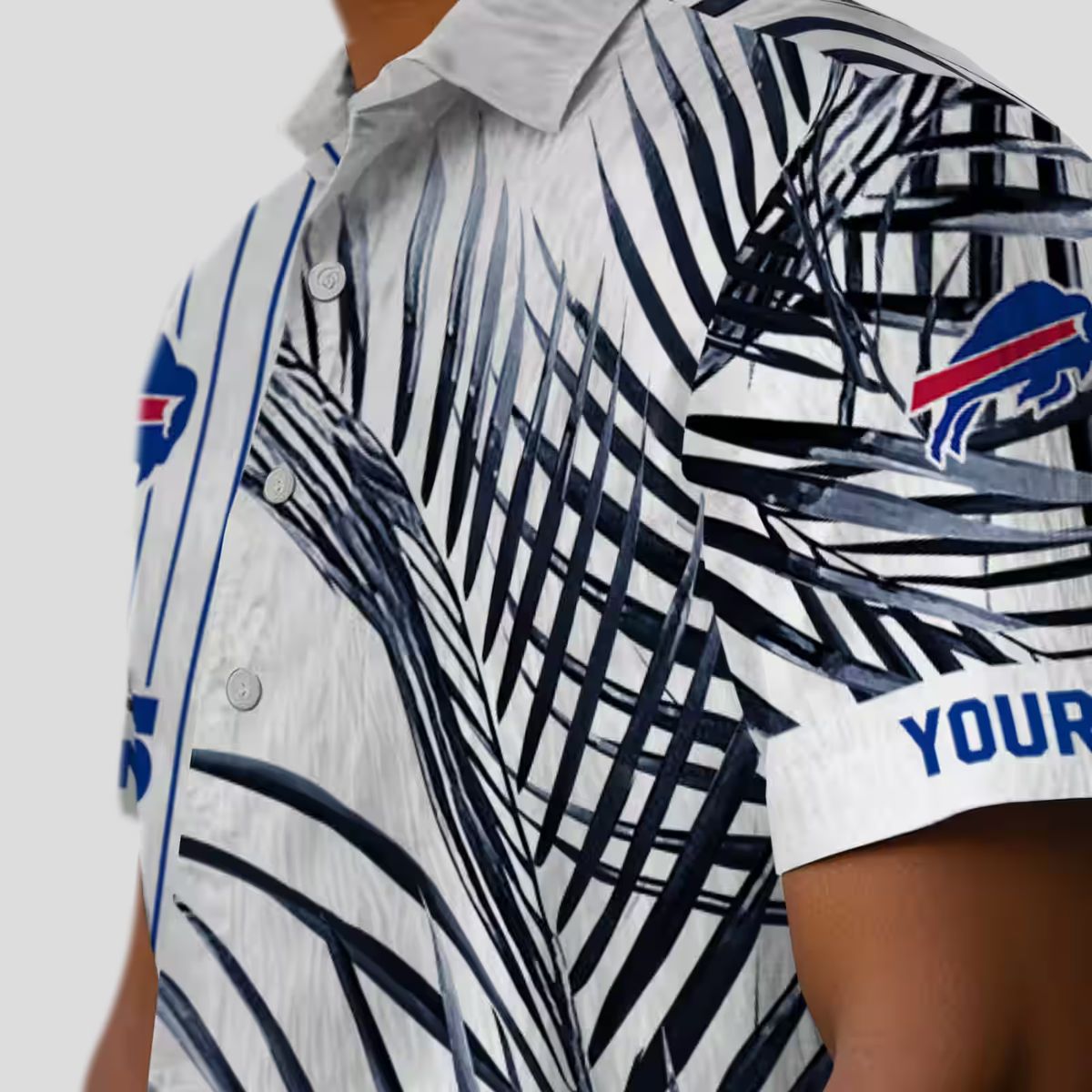 Buffalo Bills Tropical Aloha Hawaiian Shirt, Palm Stripes Blue Black White Button Up