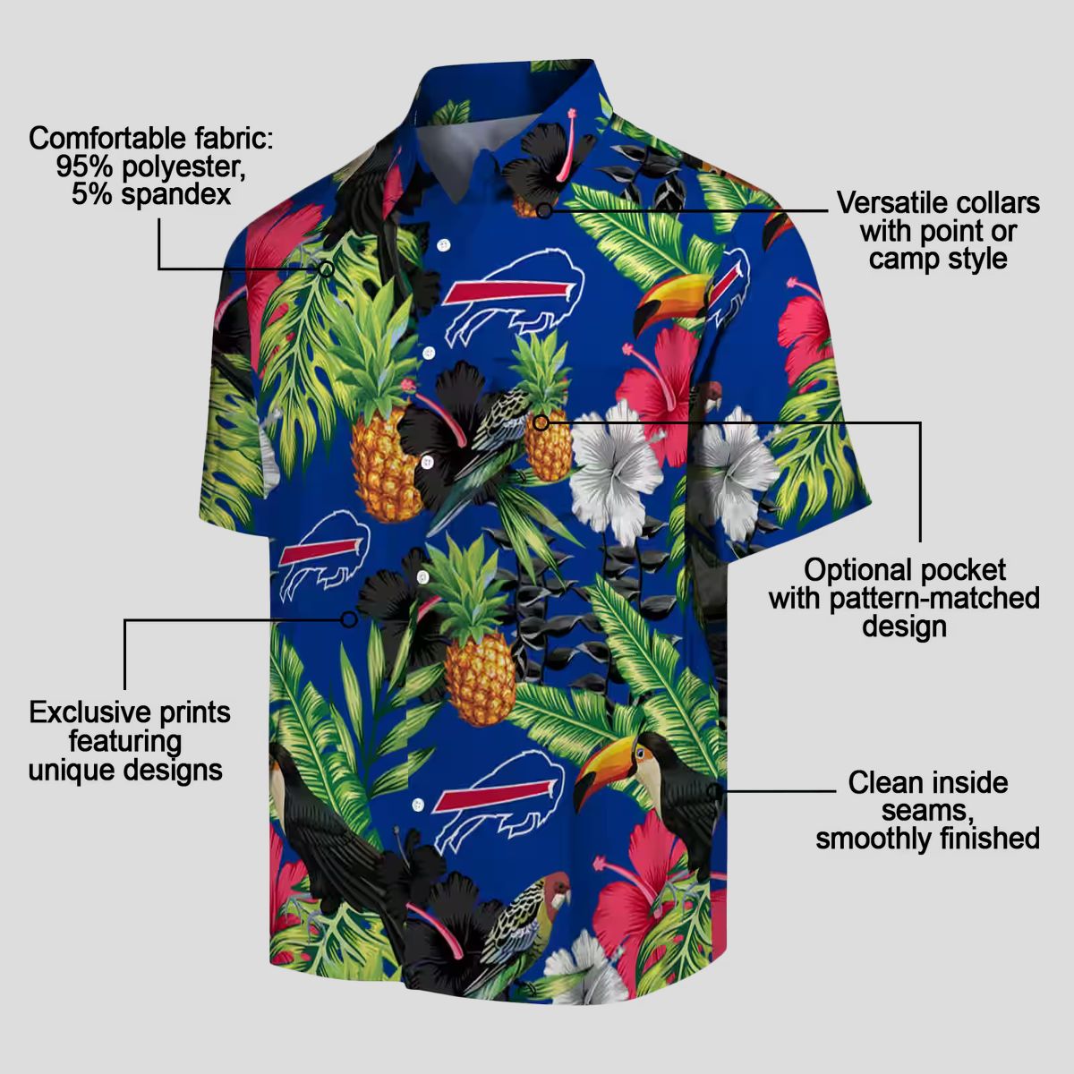 NFL Buffalo Bills Hawaiian Shirt - Tropical Toucan Hibiscus Pineapple Blue Green Print