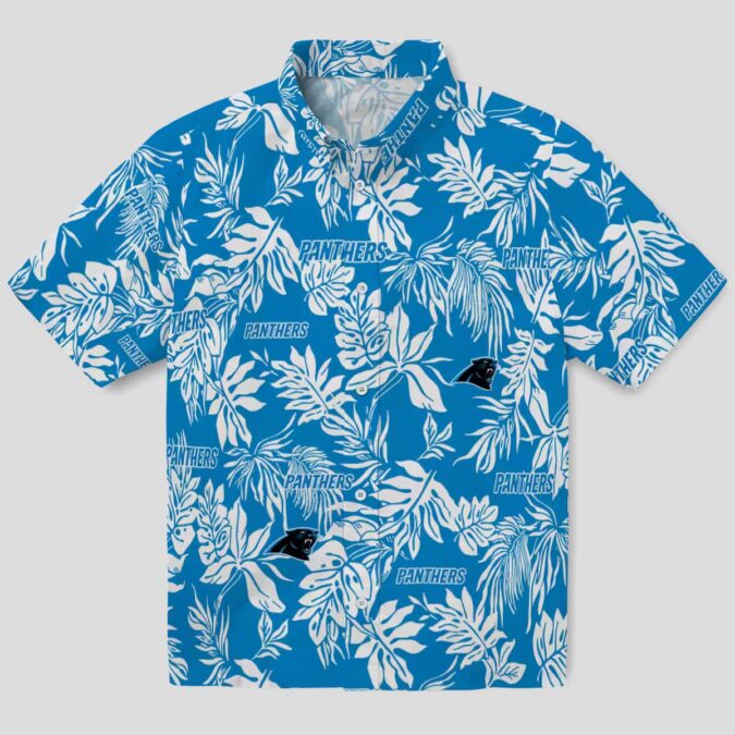 Blue & White Tropical Carolina Panthers Hawaiian Shirt – Palm Leaf Vacation Button Up