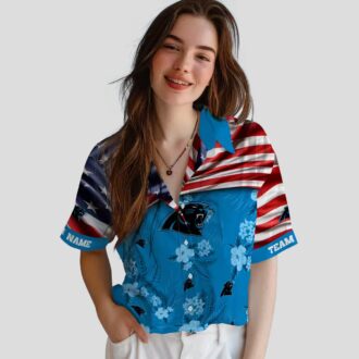 Blue Carolina Panthers Aloha Hawaiian Shirt – USA Flag & Hibiscus Summer Wear