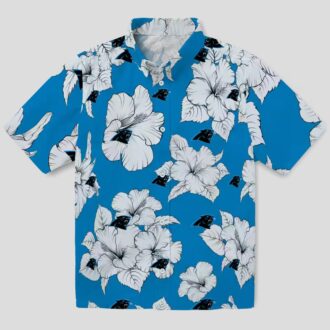 Blue White Carolina Panthers Hawaiian Shirt, Hibiscus Blooms Floral Aloha Button Up