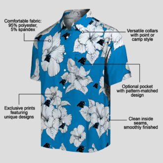 Blue White Carolina Panthers Hawaiian Shirt, Hibiscus Blooms Floral Aloha Button Up