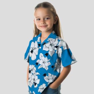 Blue White Carolina Panthers Hawaiian Shirt, Hibiscus Blooms Floral Aloha Button Up