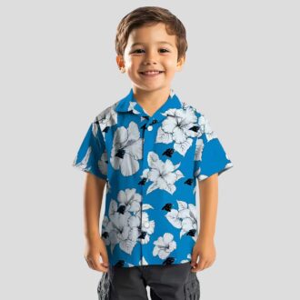 Blue White Carolina Panthers Hawaiian Shirt, Hibiscus Blooms Floral Aloha Button Up