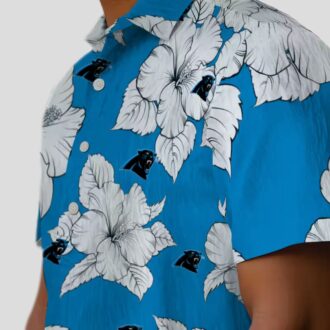 Blue White Carolina Panthers Hawaiian Shirt, Hibiscus Blooms Floral Aloha Button Up