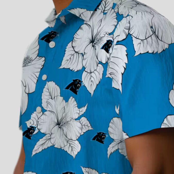 Blue White Carolina Panthers Hawaiian Shirt, Hibiscus Blooms Floral Aloha Button Up