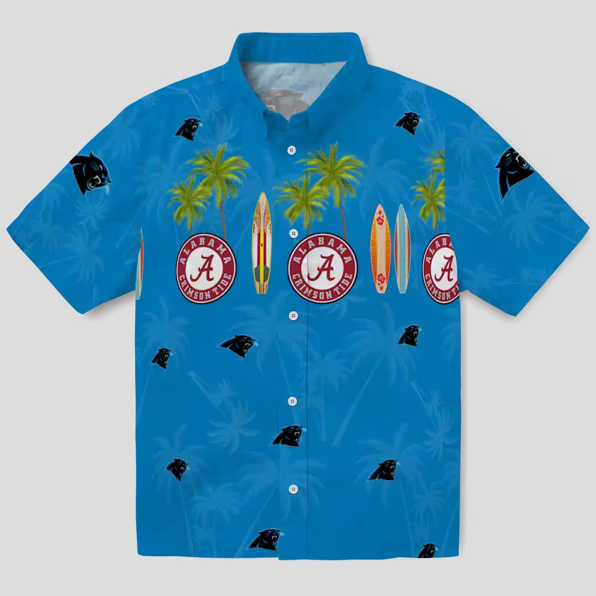 Carolina Panthers Beach Hawaiian Shirt – Blue Tropical Surfboard & Palm Print