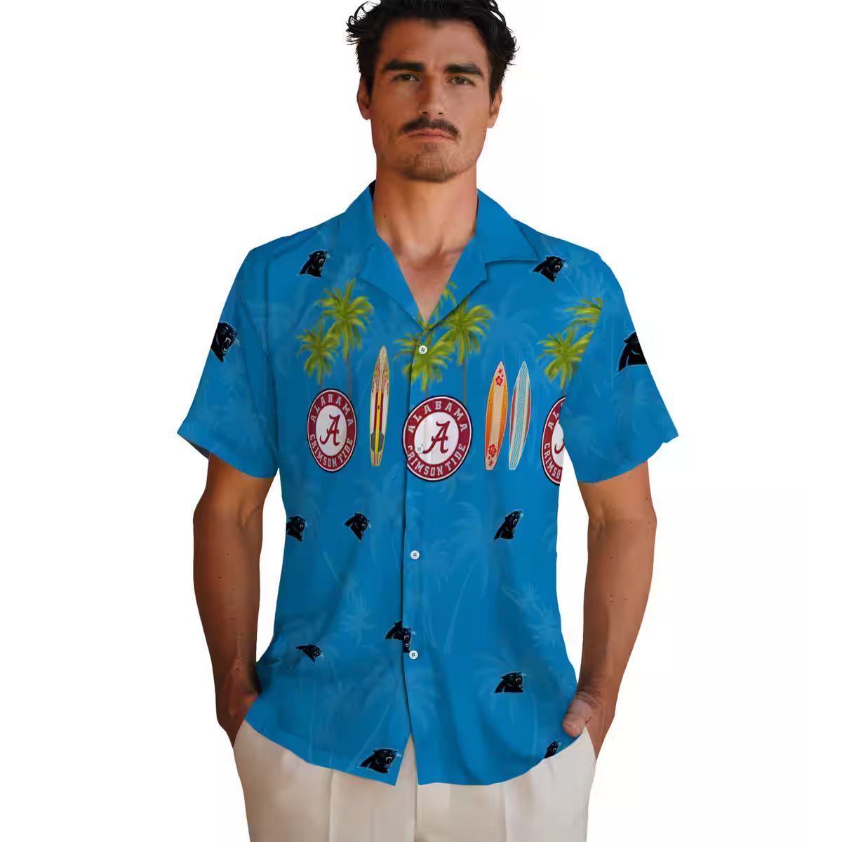 Carolina Panthers Beach Hawaiian Shirt – Blue Tropical Surfboard & Palm Print