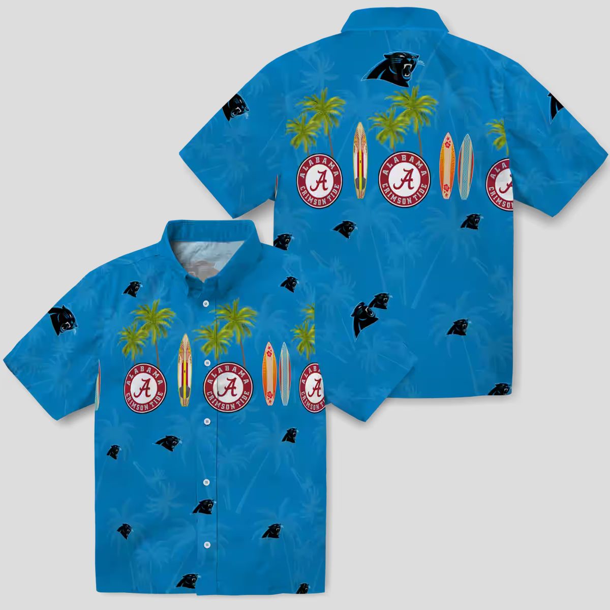 Carolina Panthers Beach Hawaiian Shirt – Blue Tropical Surfboard & Palm Print