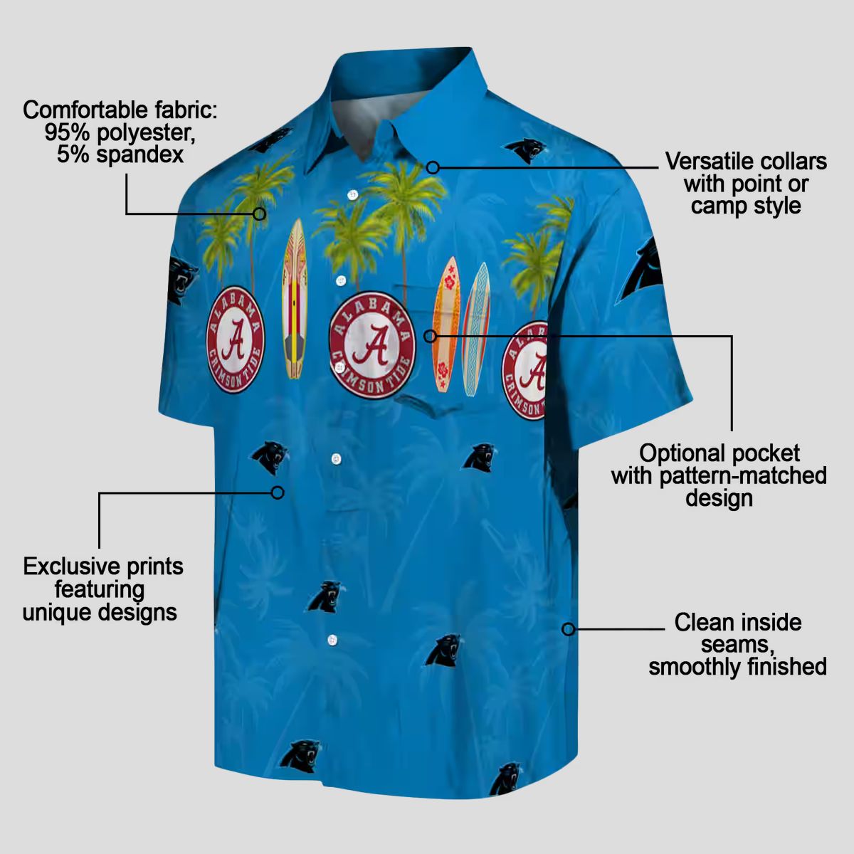 Carolina Panthers Beach Hawaiian Shirt – Blue Tropical Surfboard & Palm Print