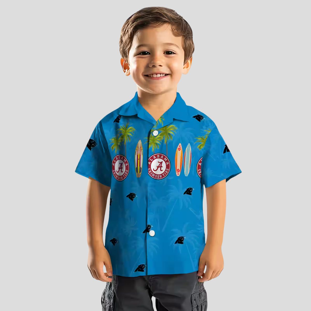 Carolina Panthers Beach Hawaiian Shirt – Blue Tropical Surfboard & Palm Print