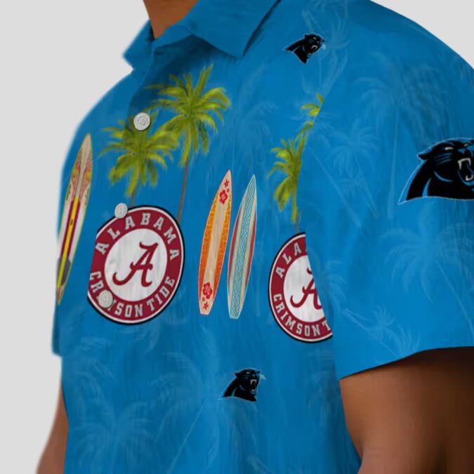 Carolina Panthers Beach Hawaiian Shirt – Blue Tropical Surfboard & Palm Print