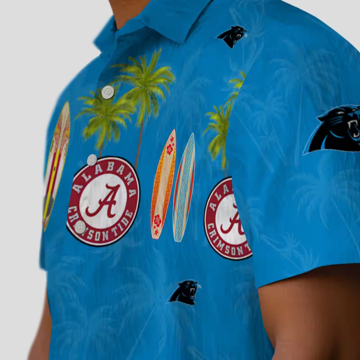 Carolina Panthers Beach Hawaiian Shirt – Blue Tropical Surfboard & Palm Print