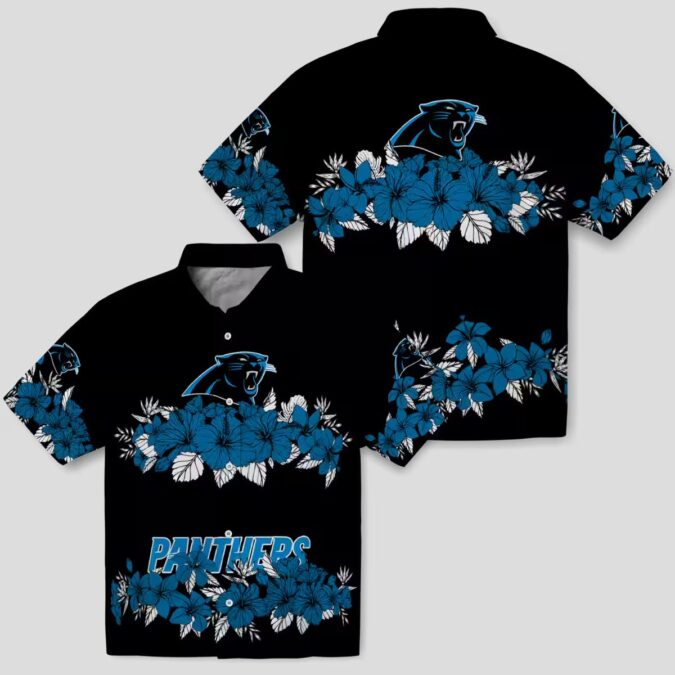 Carolina Panthers Blue Black Hawaiian Shirt - Hibiscus Stripe Aloha Shirt for NFL Fans