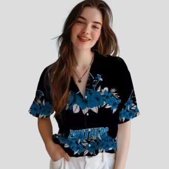 Carolina Panthers Blue Black Hawaiian Shirt - Hibiscus Stripe Aloha Shirt for NFL Fans