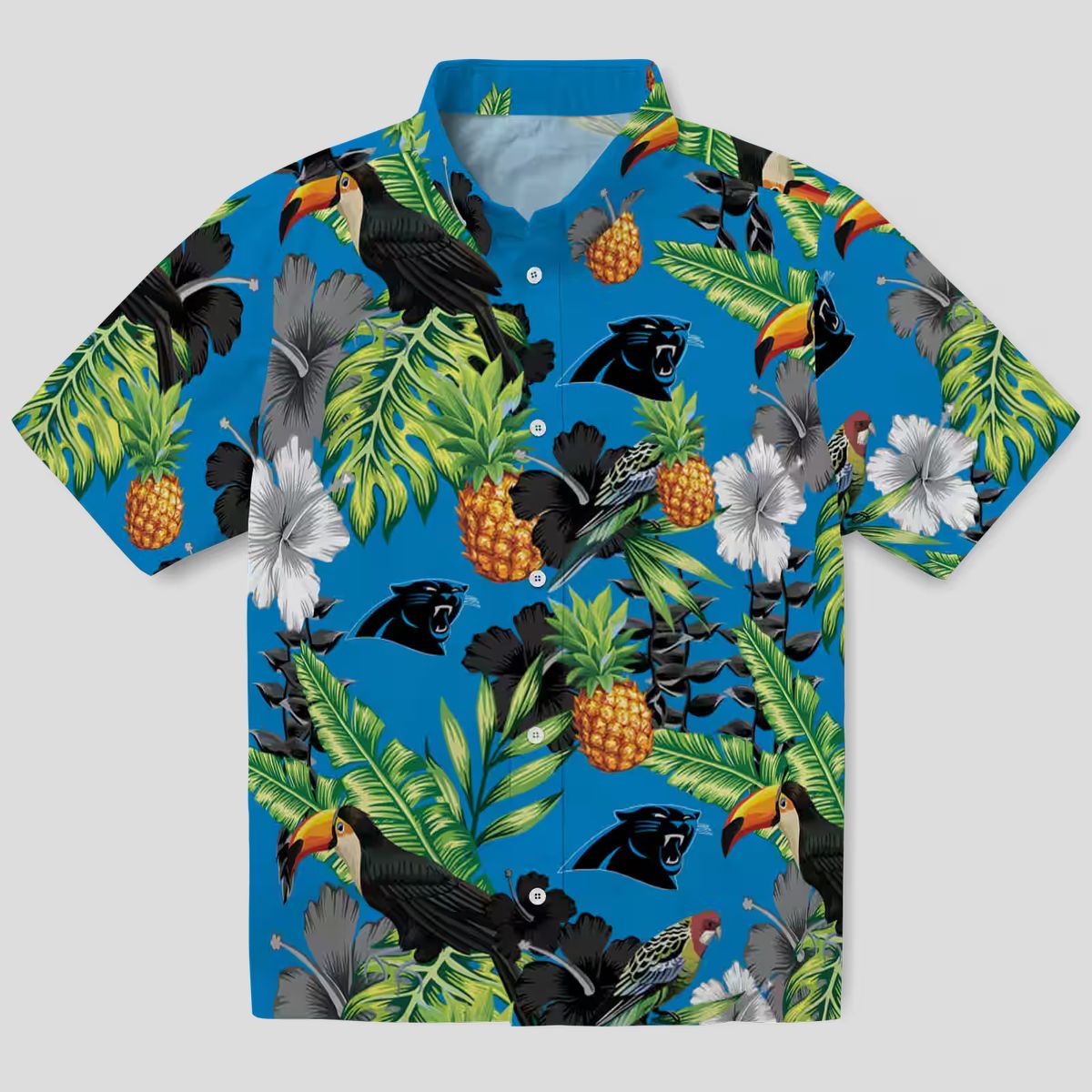 Carolina Panthers Blue Green Hawaiian Shirt - Toucan & Hibiscus Pineapple Button Up