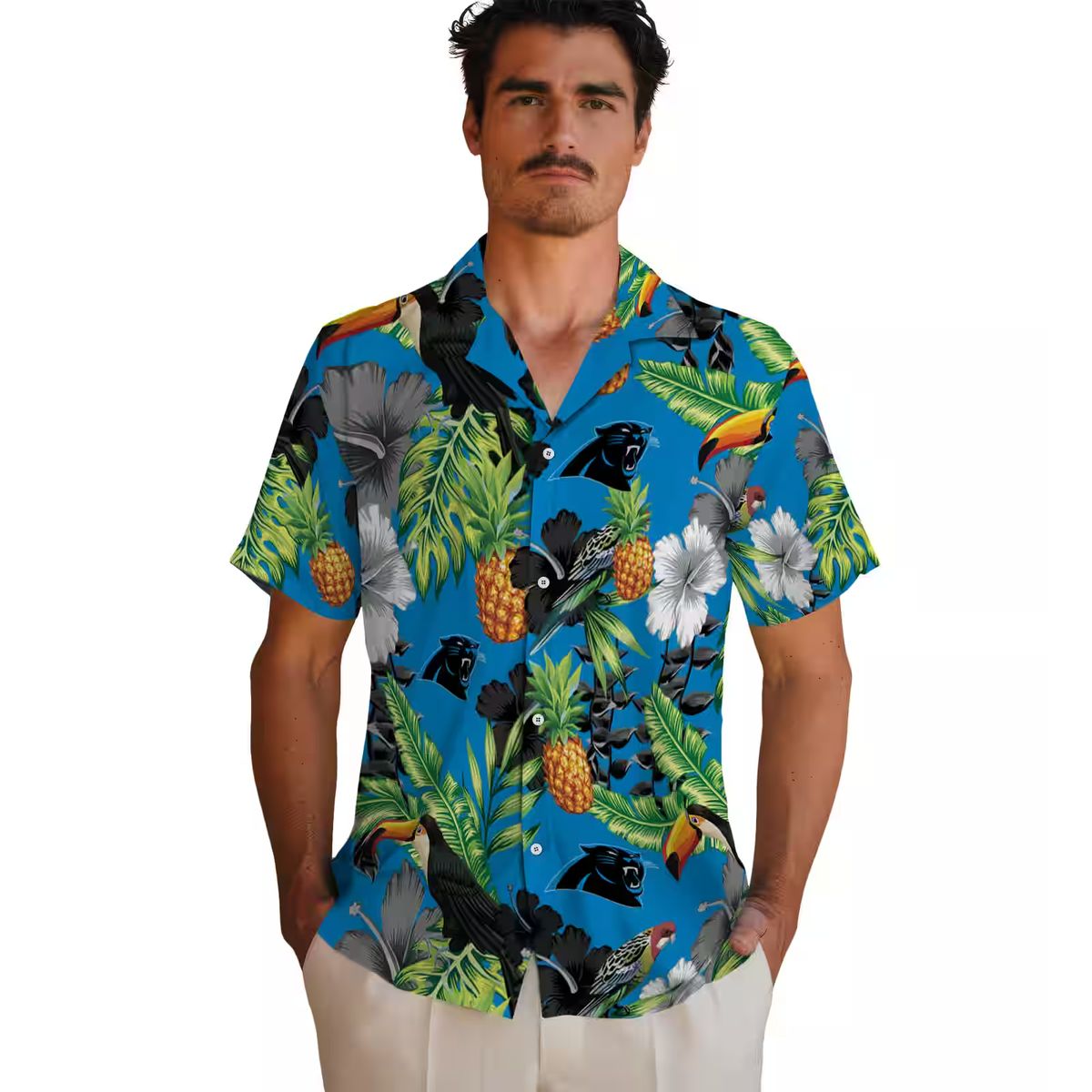 Carolina Panthers Blue Green Hawaiian Shirt - Toucan & Hibiscus Pineapple Button Up