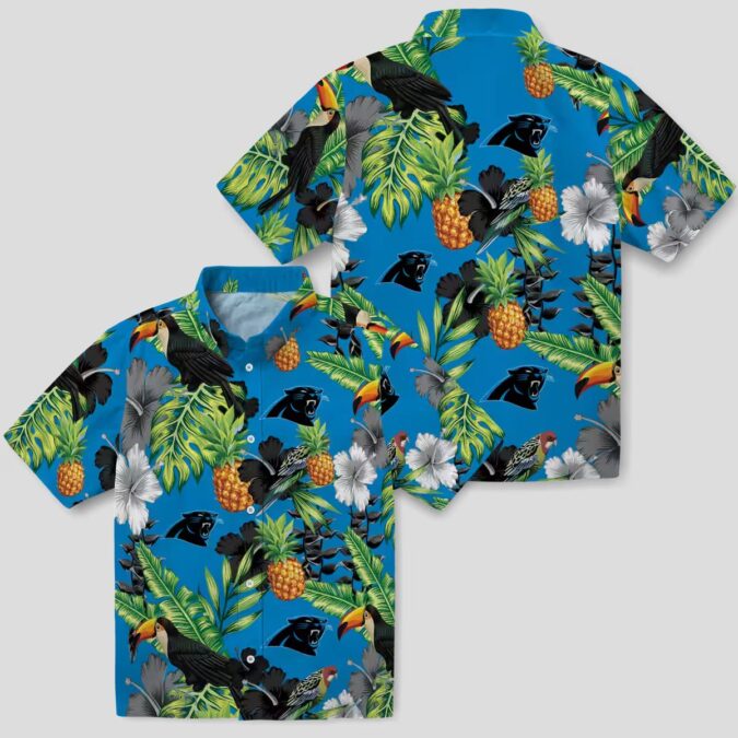 Carolina Panthers Blue Green Hawaiian Shirt - Toucan & Hibiscus Pineapple Button Up