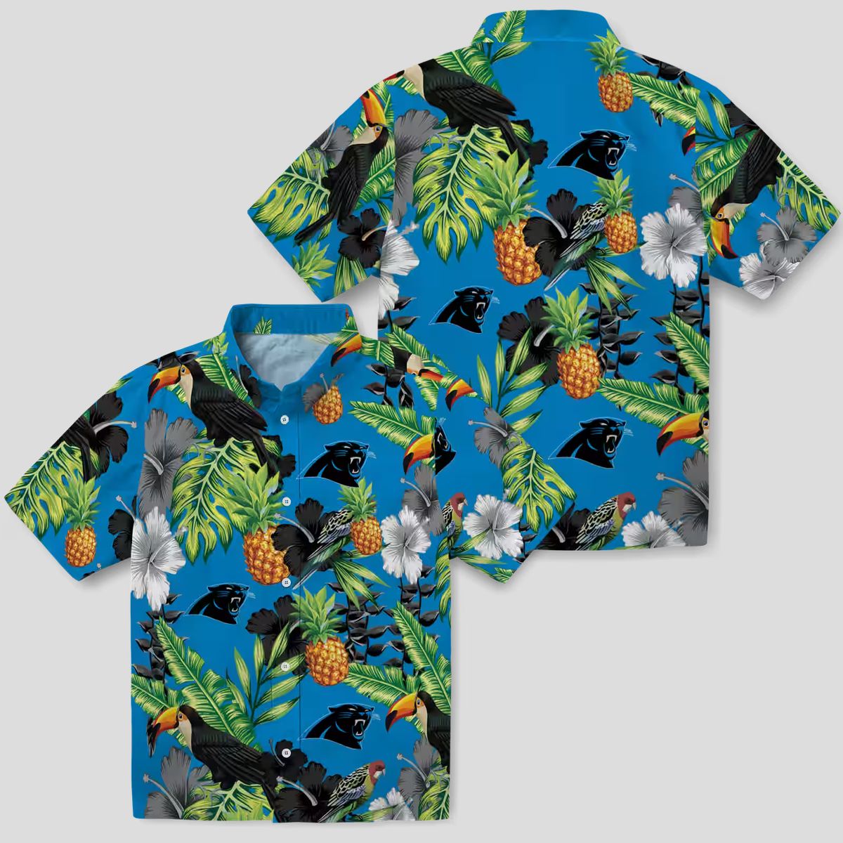 Carolina Panthers Blue Green Hawaiian Shirt - Toucan & Hibiscus Pineapple Button Up