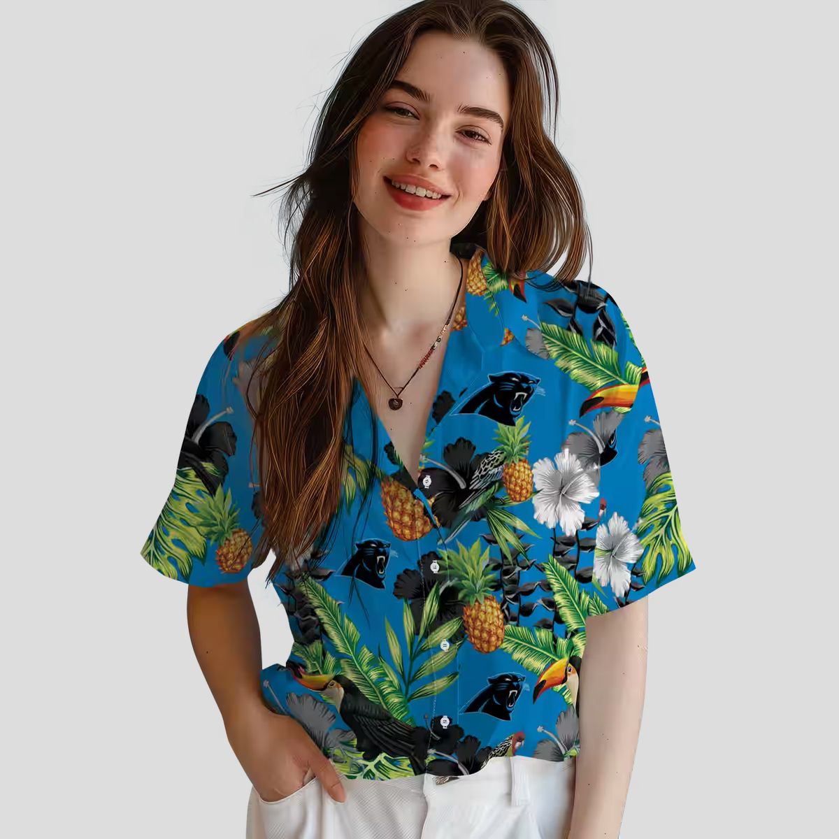 Carolina Panthers Blue Green Hawaiian Shirt - Toucan & Hibiscus Pineapple Button Up