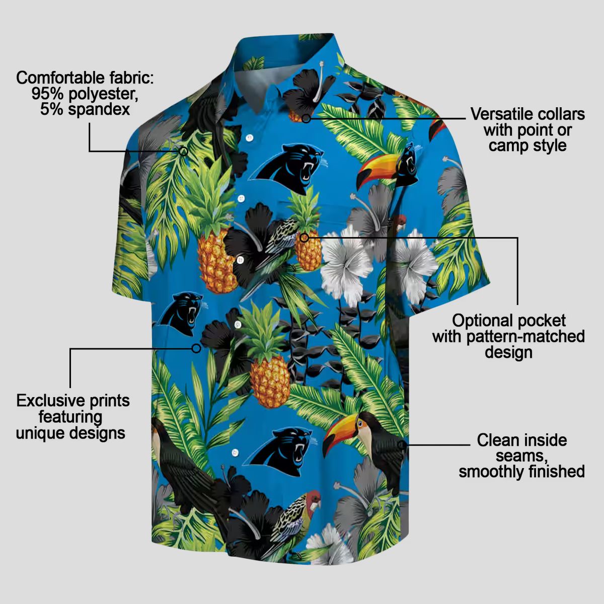 Carolina Panthers Blue Green Hawaiian Shirt - Toucan & Hibiscus Pineapple Button Up