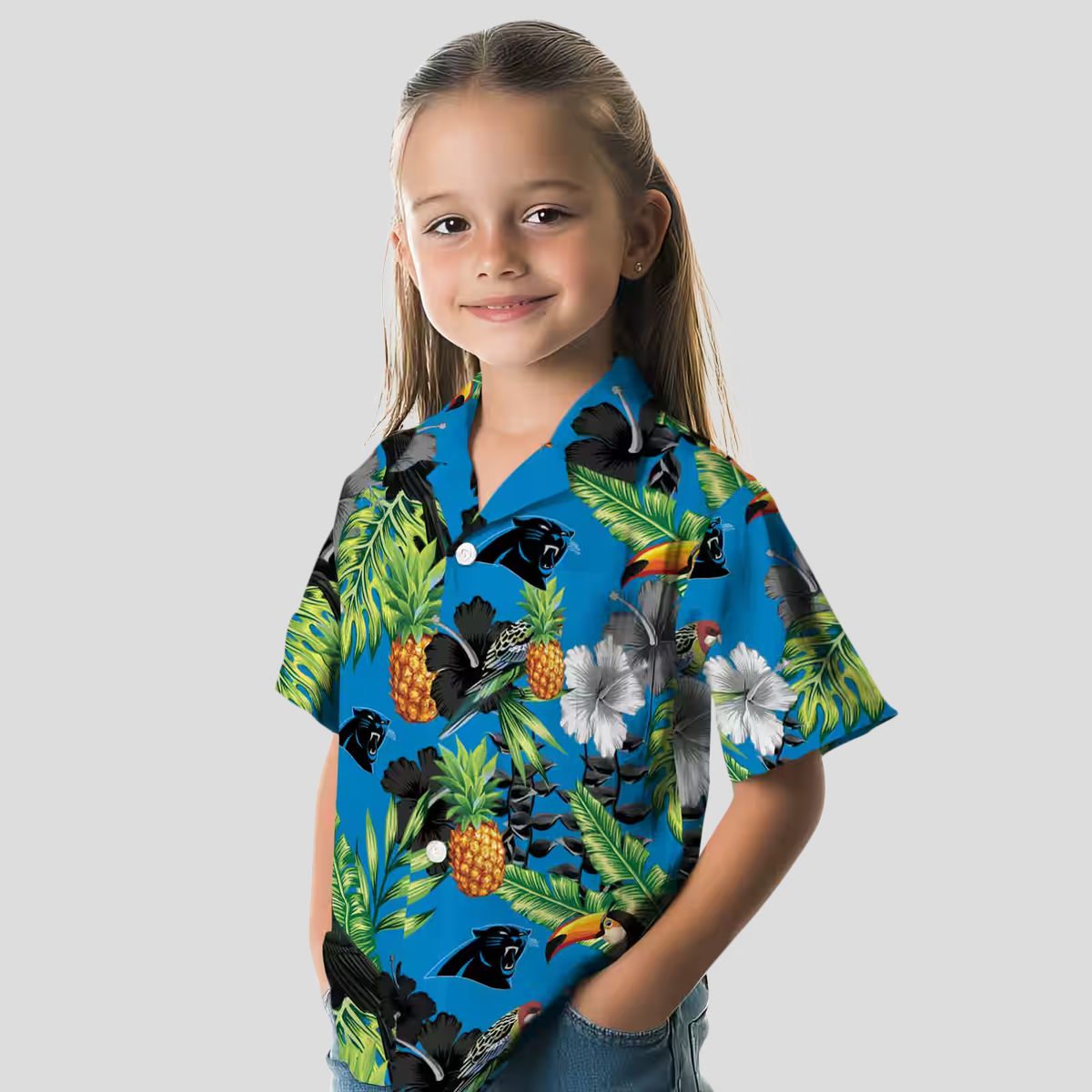 Carolina Panthers Blue Green Hawaiian Shirt - Toucan & Hibiscus Pineapple Button Up