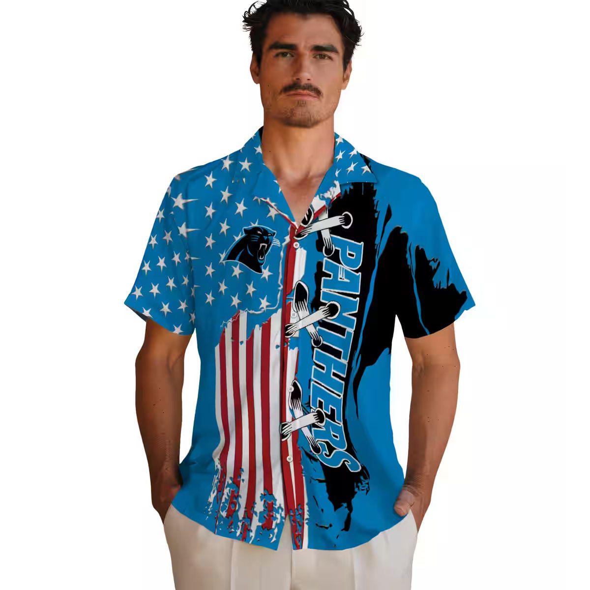 Carolina Panthers Blue Hawaiian Shirt – Stitched Flag Short Sleeve Button Up