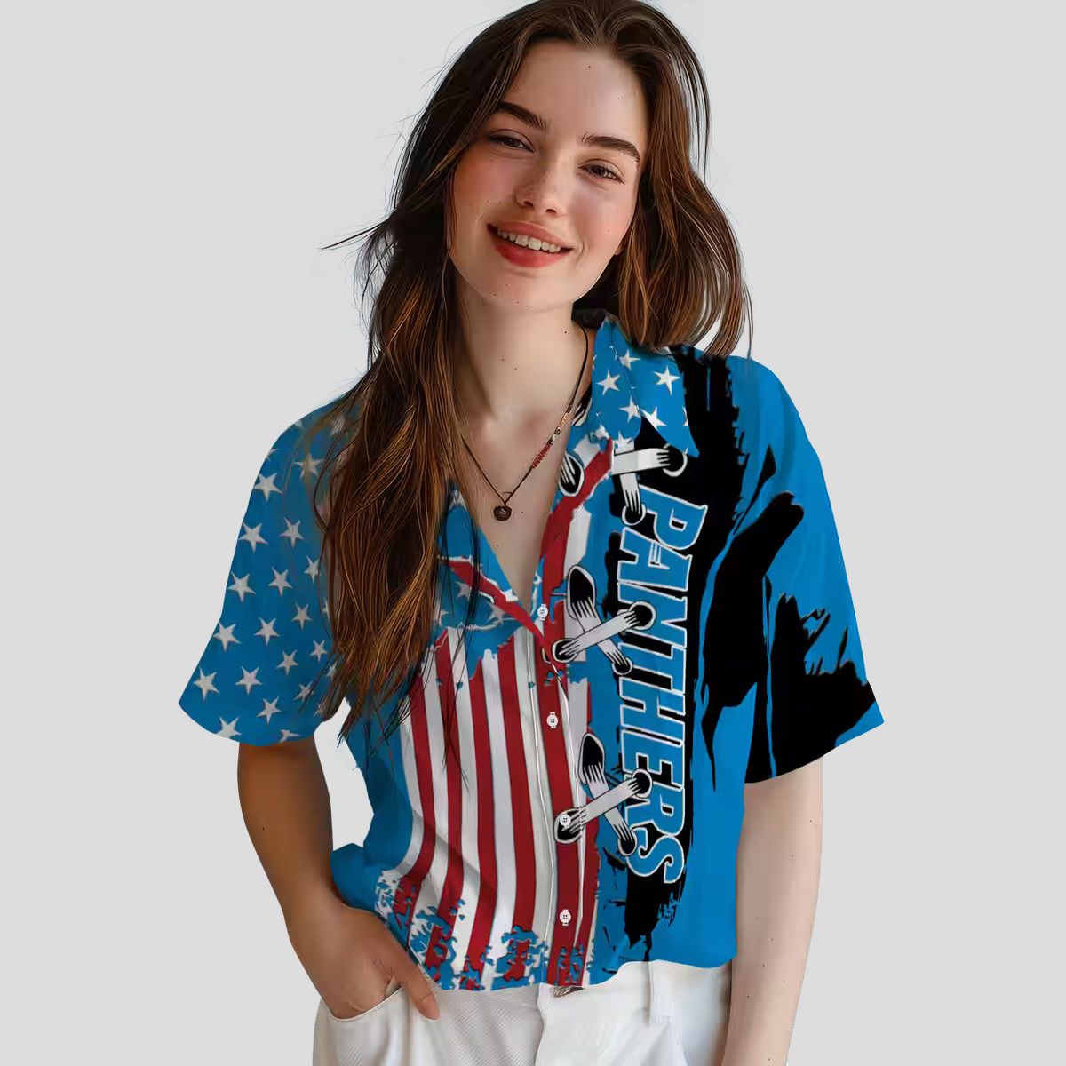 Carolina Panthers Blue Hawaiian Shirt – Stitched Flag Short Sleeve Button Up