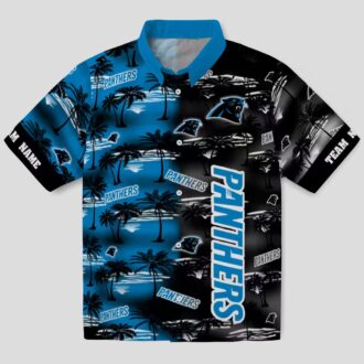 Carolina Panthers Button Up Hawaiian Shirt - Blue Palm Silhouette NFL Beach Vacation Shirt
