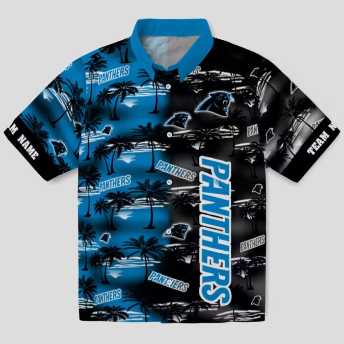 Carolina Panthers Button Up Hawaiian Shirt - Blue Palm Silhouette NFL Beach Vacation Shirt