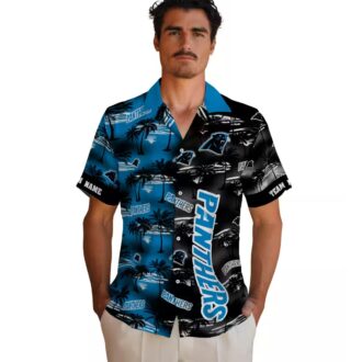 Carolina Panthers Button Up Hawaiian Shirt - Blue Palm Silhouette NFL Beach Vacation Shirt