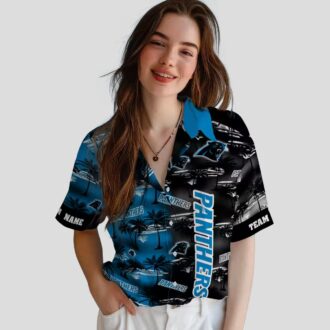 Carolina Panthers Button Up Hawaiian Shirt - Blue Palm Silhouette NFL Beach Vacation Shirt