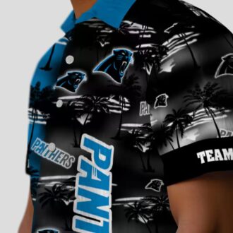 Carolina Panthers Button Up Hawaiian Shirt - Blue Palm Silhouette NFL Beach Vacation Shirt