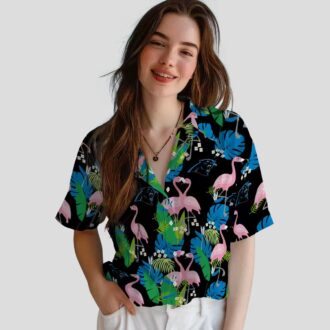 Carolina Panthers Flamingo Foliage Hawaiian Shirt – Tropical Blue Green Shirt for Women