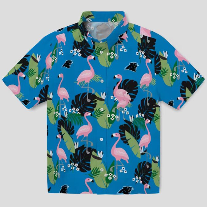 Carolina Panthers Flamingo Hawaiian Shirt – Leaf Motif Blue Aloha Shirt for NFL Fans