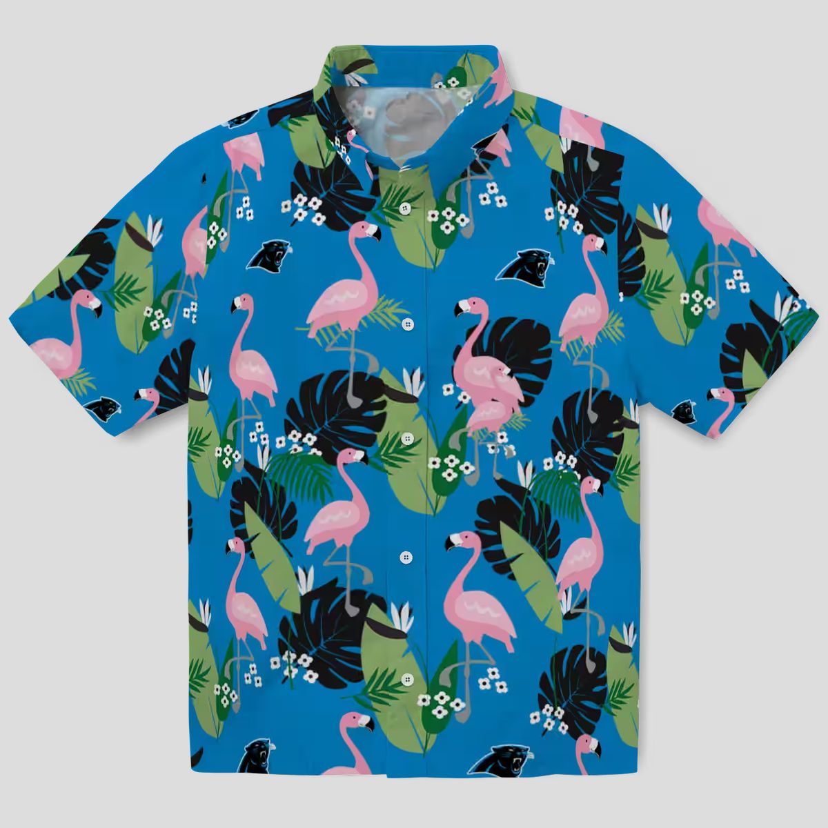 Carolina Panthers Flamingo Hawaiian Shirt – Leaf Motif Blue Aloha Shirt for NFL Fans